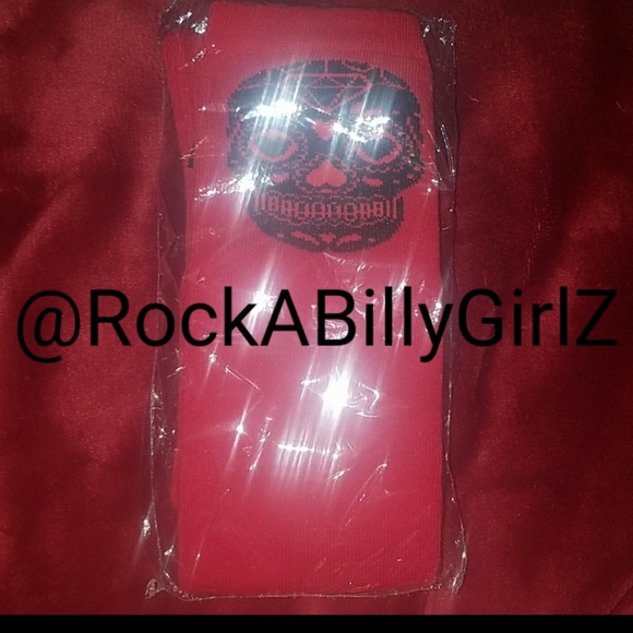Sourpuss 19" Red Day of Dead Sexy Thigh High Socks w Double Sided Black Skulls - Picture 4 of 6